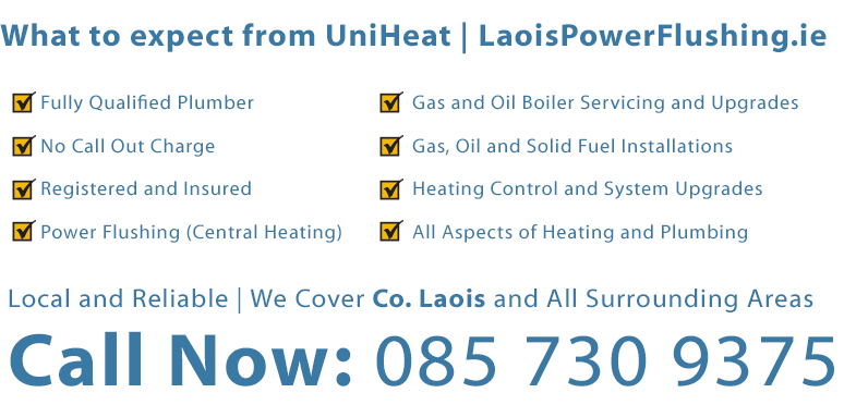 What to expect from LaoisPowerFlushing.ie? 1. Fully Qualified Plumber; 2. No Call Out Charge; 3. RGI Registered and Insured; 4. Power Flushing, 5. Gas and Oil Boiler Servicing; 6. Gas, Oil and Solid Fuel Installations; 7. Heating Control and System Upgrades; 8. All Aspects of Heating and Plumbing. laoispowerflushing.ie are your Local and Reliable plumbers and We Cover Co. Laois and All Surrounding Areas. Call Us Now on 0857309375